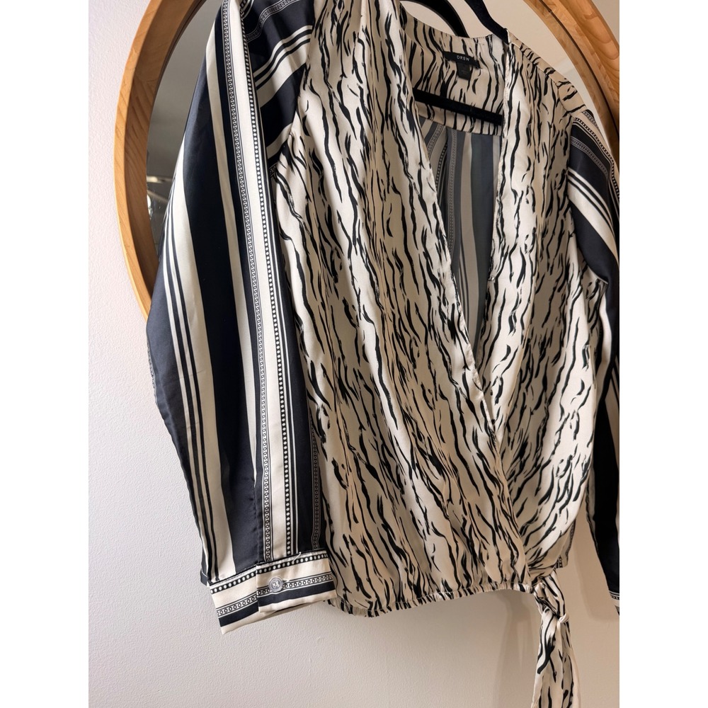 Drew Silk Wrap Blouse Black Cream Excellent Mixed Print Tiger Stripe - Picture 2 of 6